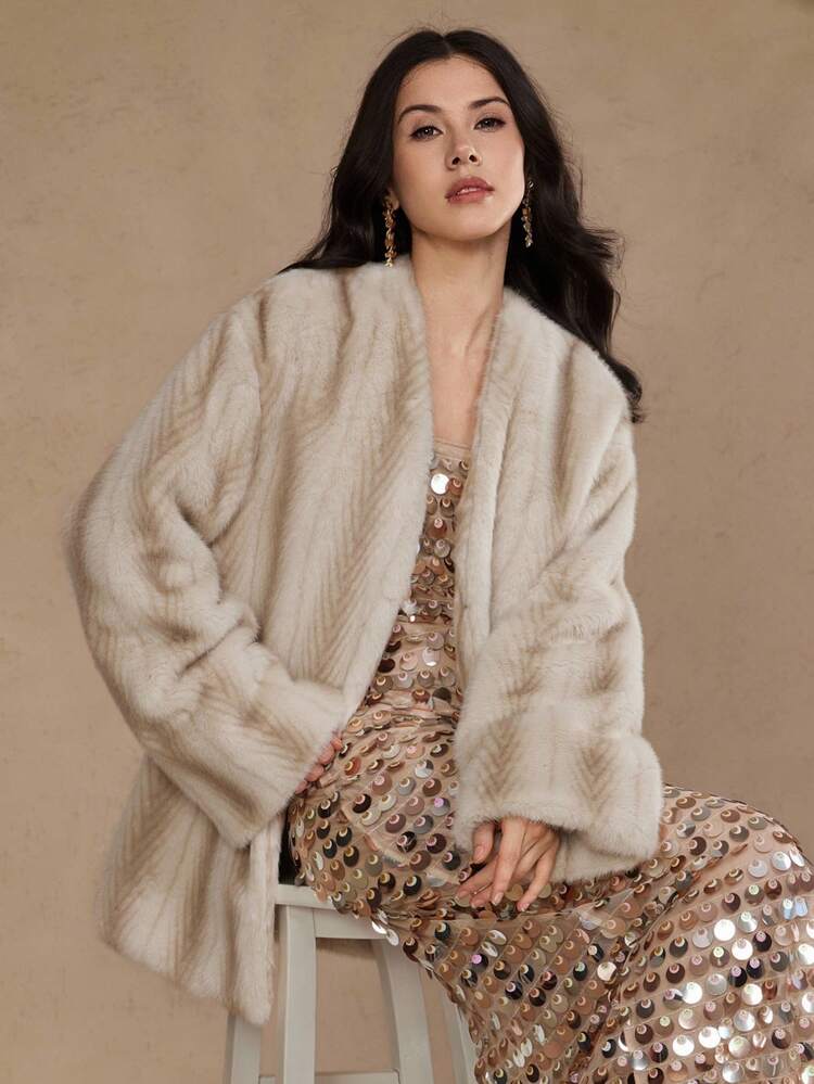 Women's Fluffy Colorblock Loose Casual Business Jacket, Elegant For New Year, Christmas, Wedding Party, Autumn/Winter Women Coats Modest Fashion