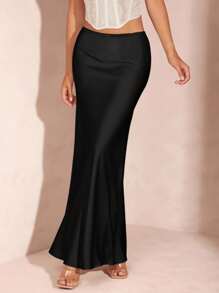 SHEIN BAE Women's High Waisted Solid Satin Skirt With Apricot Bow Lace Waistband, Maxi Length - Black - View 3