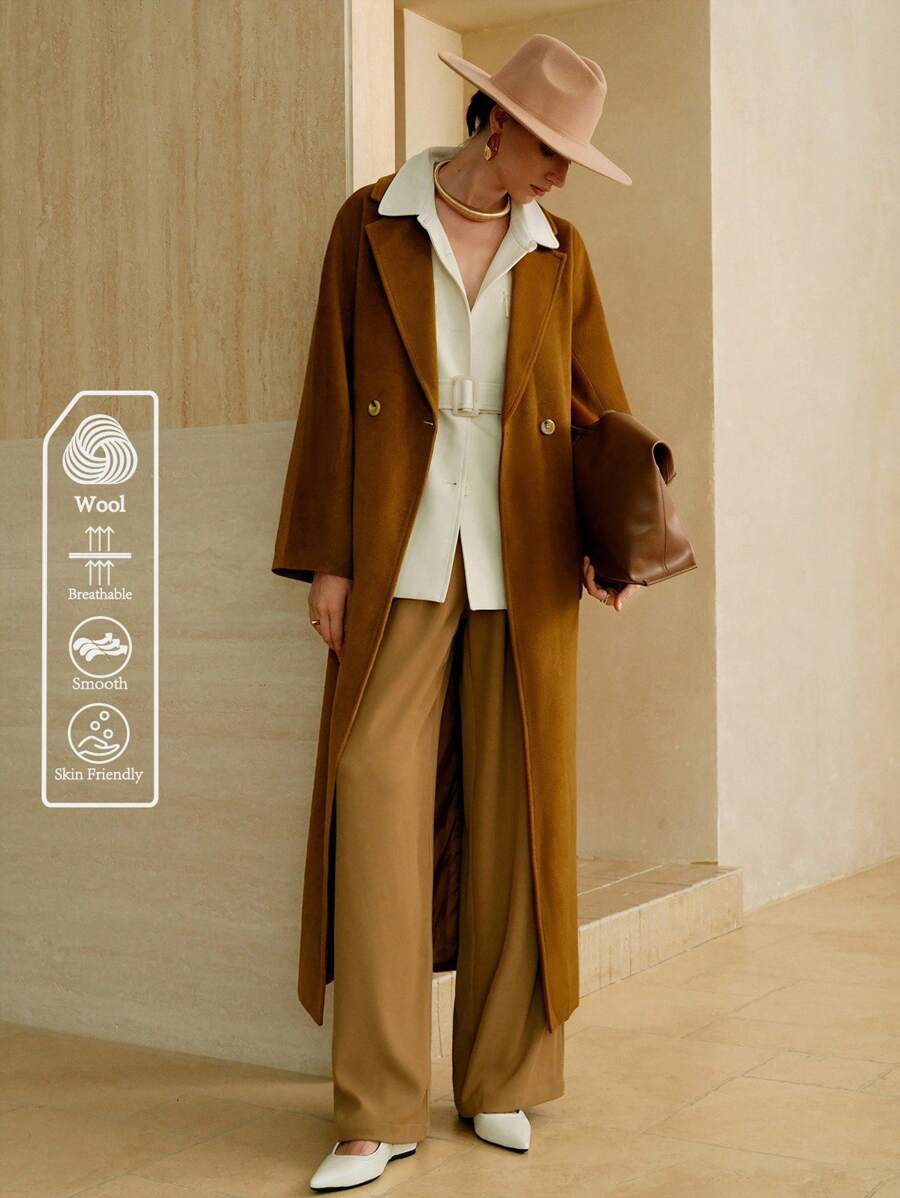 Arave Women's Wool Fabric, Loose H-Shaped, Lapel Collar, Large Pockets, Patch Pocket Design, Daily Commuting  Long Trench Coat  Back To School Fall Women Clothes Fall Clothes For Women Office Outfits For Women Maillard Style