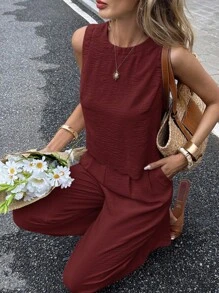 Serisse 2 件套女式纯色无袖背心和裤子套装，休闲时尚，适合日常穿着