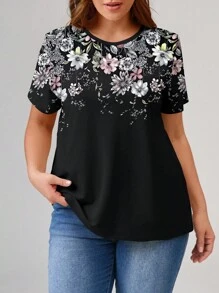 EMERY ROSE Camiseta de manga corta con estampado floral pequeño en negro para tallas grandes - Multicolor - Ver 6
