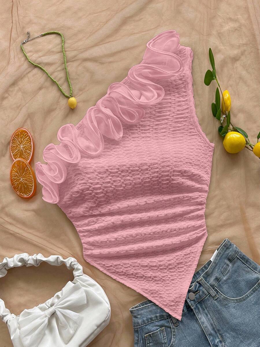 SHEIN WYWH 浪漫碎花修身单肩衬衫，适合度假、音乐节、波西米亚风、节日约会、下午茶 - 粉色 - 查看 1