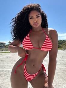 Alexandranx Women Striped Beach Swimsuit Set For Vacation - Red - View 6