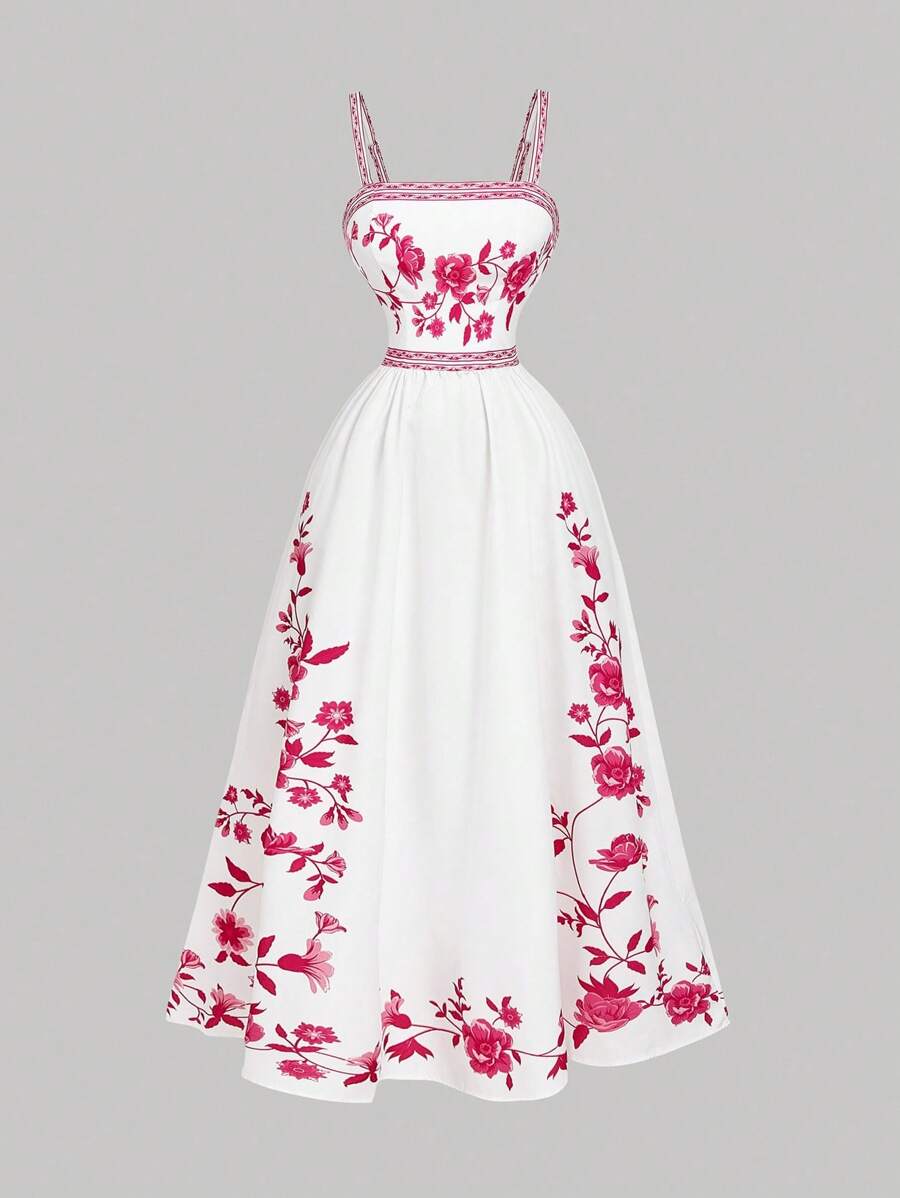 SHEIN MOD Vestido midi de satén con pliegues y estampado floral elegante para mujer - Rosa Fucsia - Ver 1