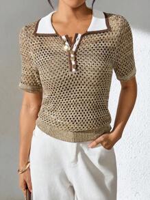 Modelyn Asymmetrisches Strick-Poloshirt mit Umlegekragen in verschiedenen Farben, kurzärmlig, Sommer, Cut Out