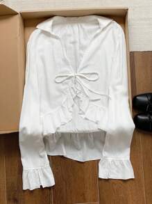 Comfortcana 女士休闲百搭白色荷叶边系带衬衫，返校白色荷叶边夏季衬衫，长袖荷叶边系带前衬衫，波西米亚风，商务休闲女装，教师装，乡村音乐会，秋季，早午餐，西部服饰