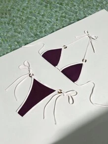 Swim Vcay 女士度假海滩撞色饰边泳衣套装 - 酒紅色 - 查看 5