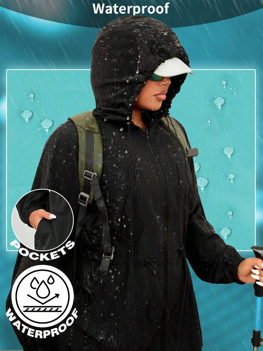 SHEIN EZwear 秋冬大码女式束腰纯色夹克 - 黑色 - 查看 1