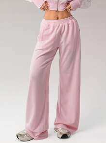SHEIN ICON Pink Wide-Leg Knitted Sweatpants With Pockets Extra Long For Casual Comfort - Pink - View 5