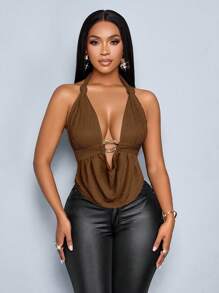 SOLERSUN Spring And Summer Women's Wear Leisure Vacation Apricot Deep V-Neck Halter Straps Front Center Metal Buckle Gathered Shoulder Straps Twist Curved Hem Backless Straps Knitted Textured Fabric Top Halter Top - Brown - View 3