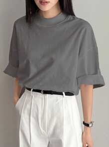 Dazy-Less Camiseta básica de manga corta de unicolor, informal y holgada para mujer, para primavera/verano - Gris Oscuro - Ver 5