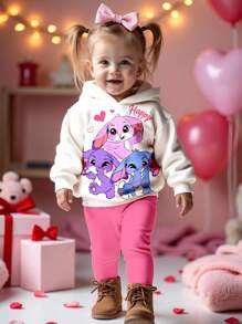 SHEIN Happikins 2pcs Baby Girl Cute White Autumn Outfits,Kawaii Cartoon Pink Rabbit&Stitch Graphic Sweatshirt And Pants Set,Matching Family Party Clothes - Multicolor - View 1