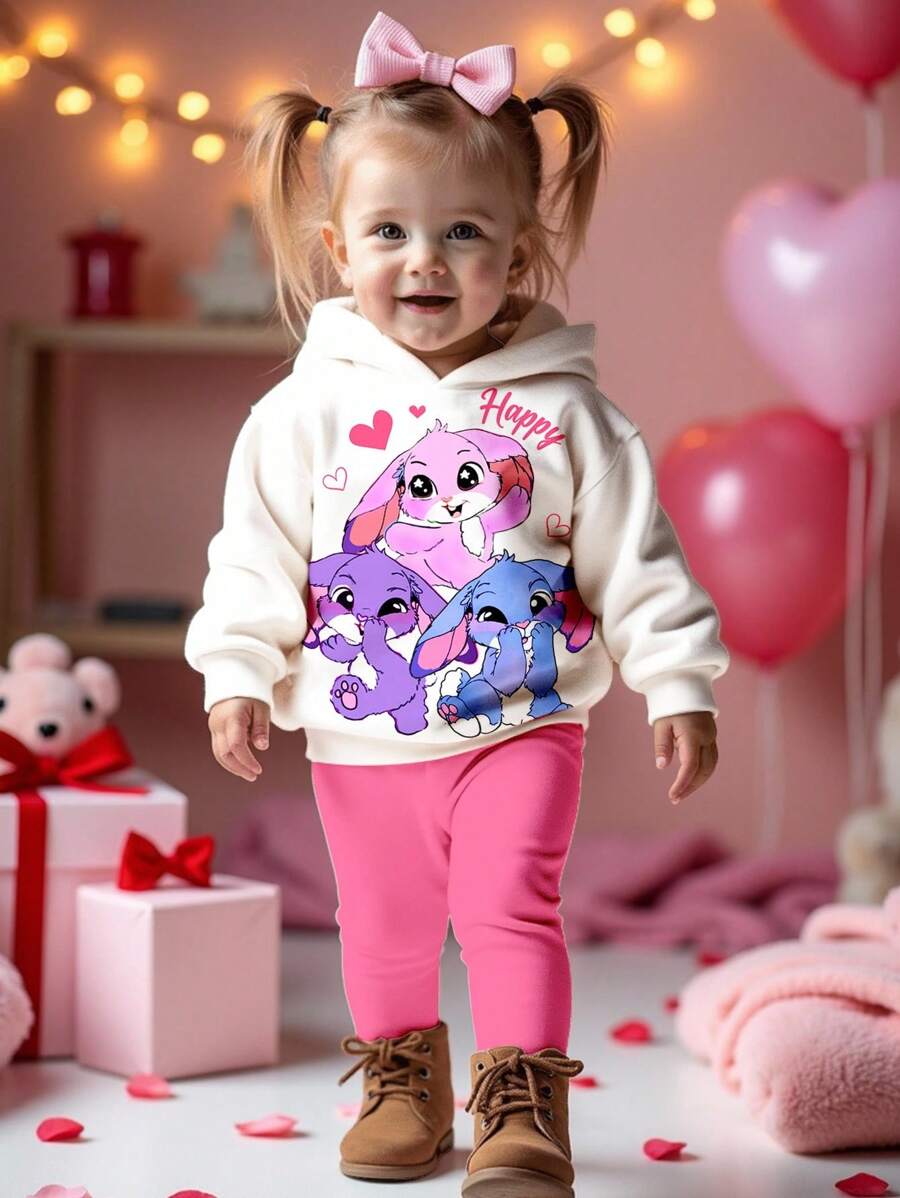 SHEIN Happikins 2pcs Baby Girl Cute White Autumn Outfits,Kawaii Cartoon Pink Rabbit&Stitch Graphic Sweatshirt And Pants Set,Matching Family Party Clothes - Multicolor - View 1