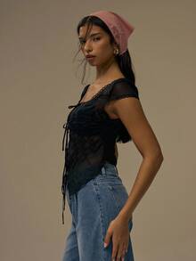 MUSERA Scoop Neck Chiffon Ruched Tie Front Top Fall Cute Streetwear Festival Farmhouse Country Vintage Fall Autumn Holidays Summer Spring - Black - View 3