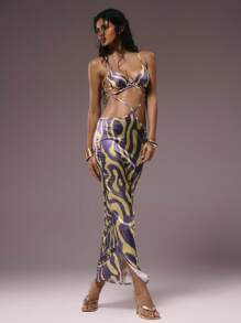 MUSERA Purple And Yellow Abstract Print Strapless Extreme Cut Out Cross Front Maxi Dress,Summer Chic Vacation Holiday Night Out Date Night Party Dress - Multicolor - View 6