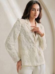 Anewsta 女士优雅蕾丝翻领系带西装外套，适合通勤和派对 - 杏色 - 查看 3