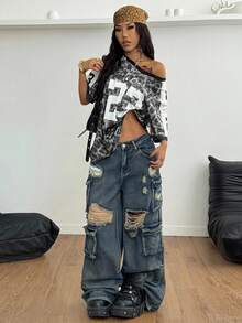 Coolane 女士夏季节日复古街头运动服数字印花超大棒球服 T 恤 - 灰色 - 查看 5