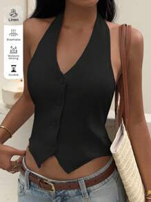 SHEIN EZwear Lightweight Woven Halter Blazer For Women In Black With Asymmetrical Short Design Black Button Vest In Fall/Winter