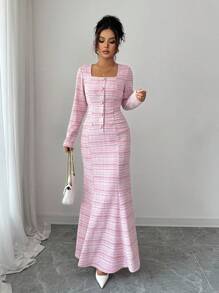 Elenzga Vestido de oficina elegante y romántico para mujer con cuello cuadrado, cintura ceñida y bajo de cola de pez - Multicolor - Ver 4