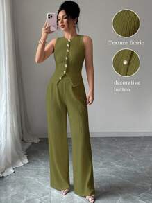 Elenzga 女士优雅纯色纹理两件套，圆领无袖纽扣修身背心和高腰松紧腰宽松直筒裤，通勤风格