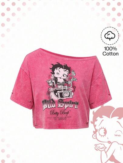 Betty Boop | ROMWE Damen Asymmetrischer Ausschnitt Zerrissenes Crop Top mit Cartoon Figur Grafik und Waschung