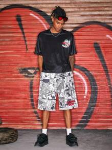 Astro Boy X ROMWE Men's Popart Print Drawstring Waist Wide Leg Casual Shorts - Black and White - View 6