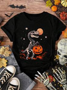 EMERY ROSE 大码万圣节主题印花黑色圆领短袖T恤 - 黑色 - 查看 1