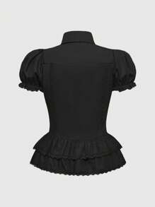 ROMWE Kawaii Lolita Style Solid Color Ruffle Puff Sleeve Women Blouse - Black - View 2