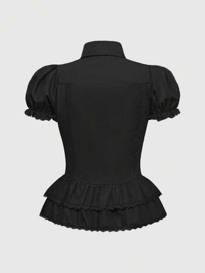 Kawaii Lolita Style Solid Color Ruffle Puff Sleeve Women Blouse