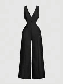 SHEIN MOD جمبسوت سوداء بفتحة رقبة عميقة بلا أكمام وخصر ضيق وساق واسعة