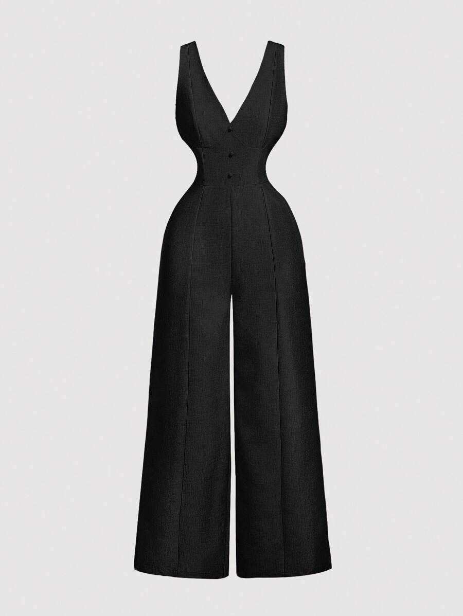 SHEIN MOD جمبسوت سوداء بفتحة رقبة عميقة بلا أكمام وخصر ضيق وساق واسعة