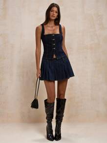 SHEIN BAE Women's Minimalist Denim Blue Casual Button Front Sleeveless Denim Vest, Fall, Old Money, Commuter Casual,Travel Airport ,Airport ,Teacher For Women,Going Out Tops Women,Work For Women,Business Casual Woman,Fall , Washed Denim Top - Medium Wash - View 4