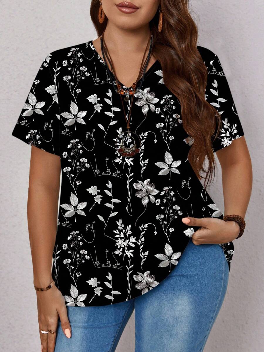 EMERY ROSE Floral Print Casual Loose Plus Size Women Short Sleeve T-Shirt, Suitable For Summer,Flower/Vacation/Spring - White - View 1
