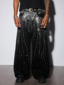 ROMWE MEN Street Life Quần Jeans Rộng Baggy Kim Cương Lấp Lánh Cho Nam - màu đen - Xem 1