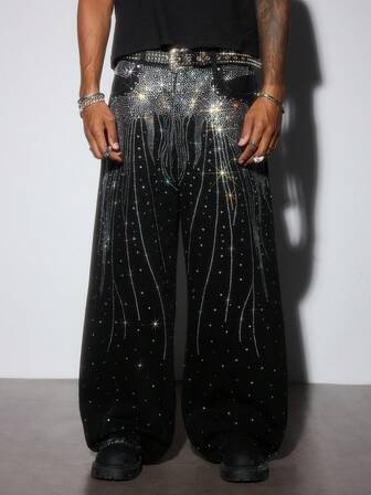 Street Life Men's Sparkling Diamond Loose Baggy Jeans