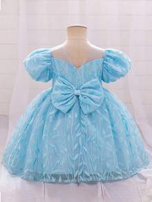 Glamorique Kids Baby Girls Light Blue Floral Summer Elegant Flower Girl Puff Sleeve Bow Embroidery Mesh Tulle Princess Dress,Wedding Party 1st Birthday Puffy Dress - Blue - View 2