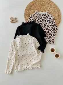 SHEIN 3件套女婴休闲百搭豹纹和波尔卡圆点图案针织长袖上衣 - 杏色 - 查看 6