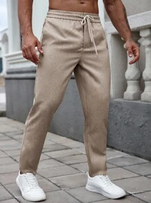 Manfinity Homme Men's Solid Color Drawstring Waist Pocket Tapered Casual Pants, Versatile, Fall - Brown - View 6