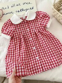 SHEIN Vintaside Kids 女婴格子碎花休闲连衣裙，田园风格，舒适时尚，百搭，春夏季，樱桃装饰 - 紅色 - 查看 4