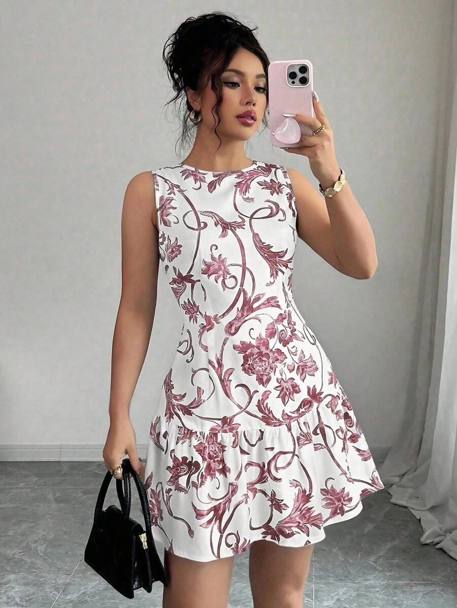 Elenzga 最新款花卉印花圆领无袖收腰女式迷你连衣裙，春夏 - 紅色 - 查看 1