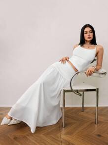 SHEIN Tall 女士休闲通勤简约纯色百褶腰裙 - 白色 - 查看 5