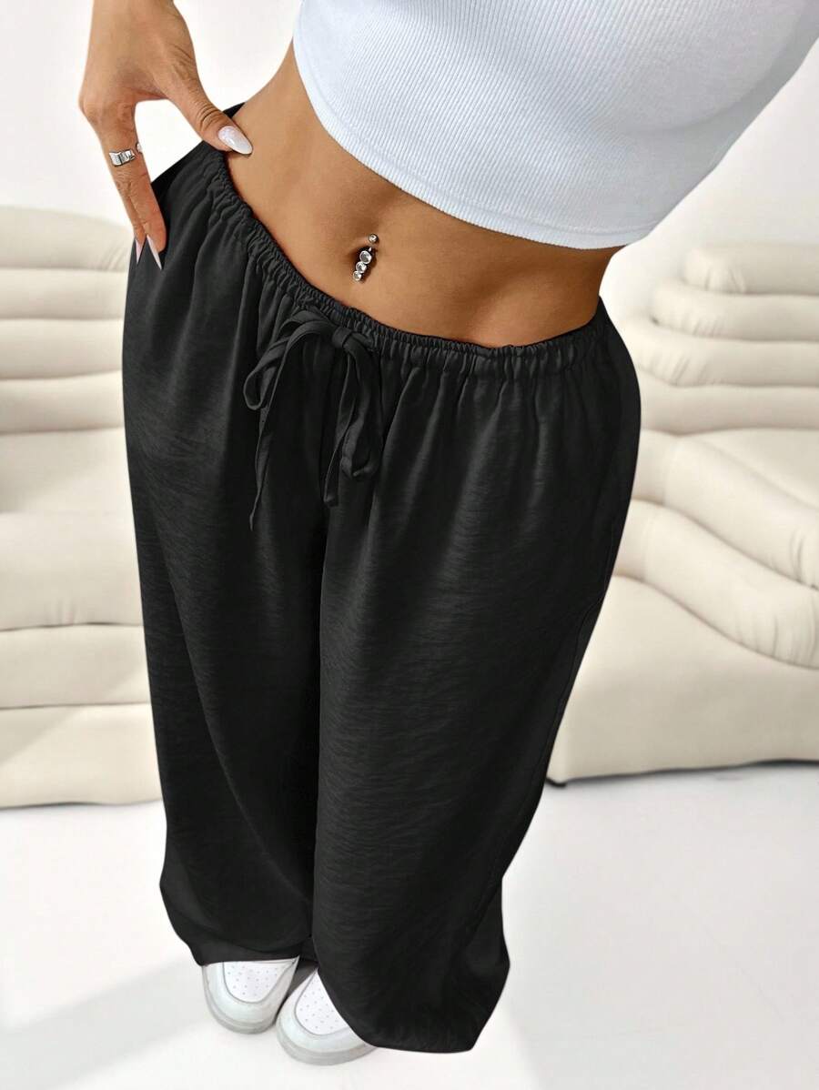 SHEIN EZwear 大码女式休闲纯色抽绳腰宽松阔腿裤 - 黑色 - 查看 1
