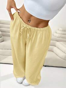 SHEIN EZwear Yellow Casual Loose Waist-Tie Plus Size Women Long Pants, Spring/Summer - Yellow - View 1