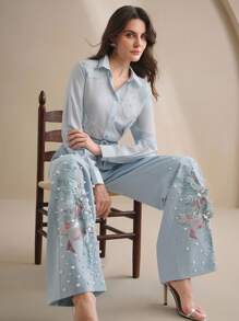 Anewsta Luxury Embroidered, Sequined, Beaded, 3D Floral Design Light Blue Wide Leg Pants For Women - Blue - View 4