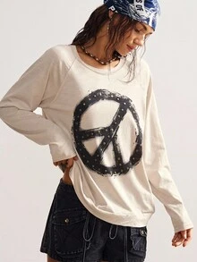 Bohemela 波西米亚风女士休闲长袖宽松水洗和平图案铆钉装饰T恤，复古西部乡村风格，适合音乐会、度假、返校季，秋冬季穿着。 - 卡其色 - 查看 7