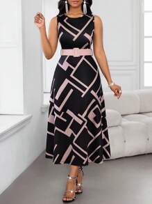 SHEIN Lady 女士优雅通勤纯色夹克和几何印花无袖连衣裙两件套 - 彩色 - 查看 3