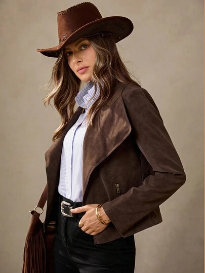 Wildy Abrigo de mujer de estilo occidental chic de país de otoño, chaqueta corta de solapa de unicolor de estilo occidental con estilo de ropa de mujer de dinero antiguo, ropa de mujer de estilo occidental, ropa de mujer de estilo occidental, ropa de mujer de otoño chic, chaqueta corta para salir de noche