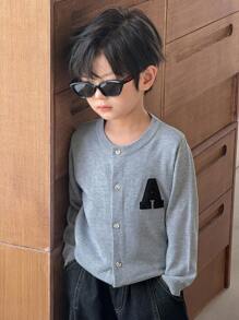 SHEIN Little Byeori Young Boys' Casual Embroidered Patch Knit Cardigan,In Fall/Winter - Grey - View 5