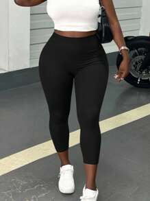 Plus Size Casual Solid Color Leggings, Versatile For Everyday Wear - Multicolor - View 2