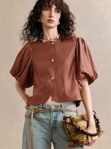 Arave 女式夏季编织闪亮金线泡泡灯笼袖圆领纹理设计衬衫，短袖上衣 - 紫紅色 - 查看 7